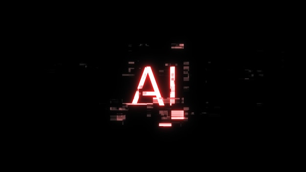 3D rendering AI text with screen effects of technological glitches