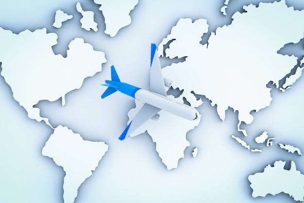 世界地図の上面図の上を飛んでいる飛行機の3Dレンダリング