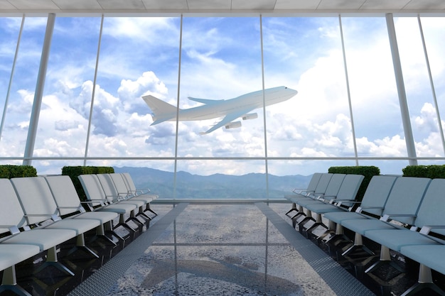 Foto rendering 3d la vista del terminal dell'aeroporto dall'aeroporto si affacciava sul volo dell'aeroplano di vetro della grande finestra