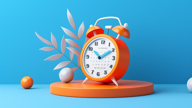 A 3D rendering of an alarm clock on a podium with a plant and some spheres The clock is orange and white and the podium is orange