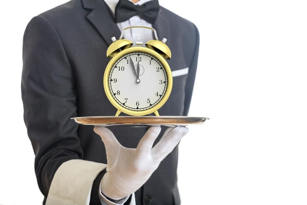 3d rendering alarm clock on a waiter's hand