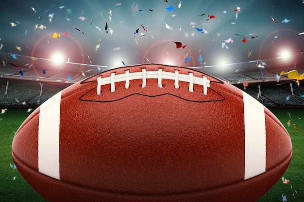 3D rendering american football bal met glanzend licht en confetti achtergrond