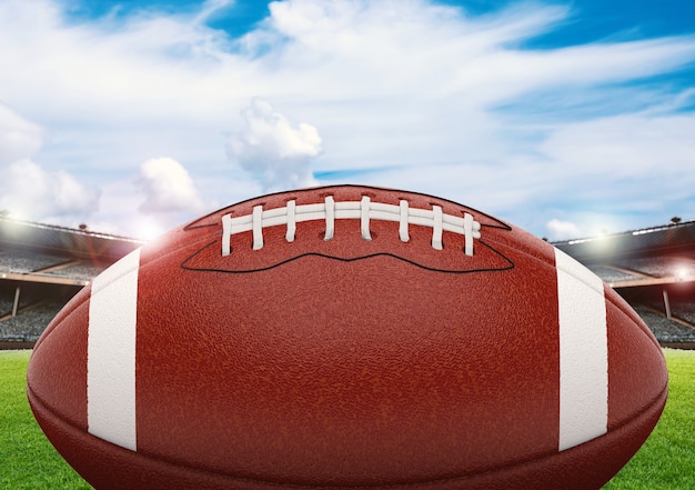 3D rendering american football bal op groen veld met blauwe lucht