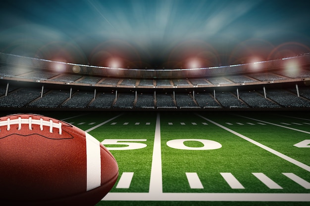 3d rendering american football ball on green field