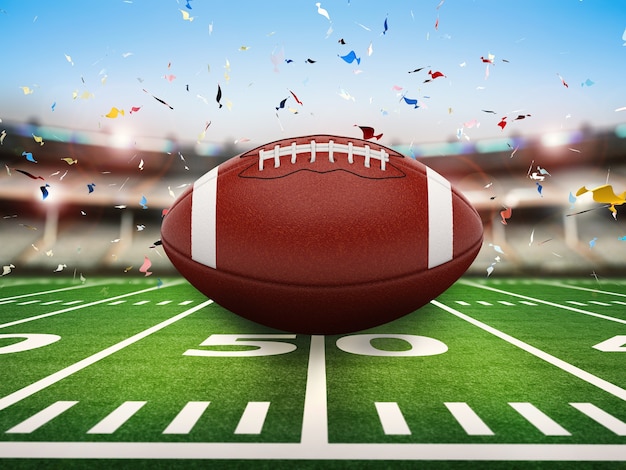 3d rendering american football ball with shining light and confetti background