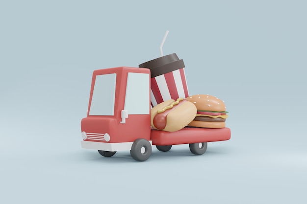 3D Rendering of American snack set delivery includes soda cup hot dog and burger on background. 3D Render illustration.