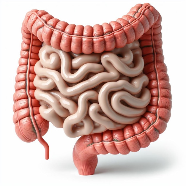 Foto rendering 3d dell'intestino anatomico fatto di plastica su uno sfondo bianco