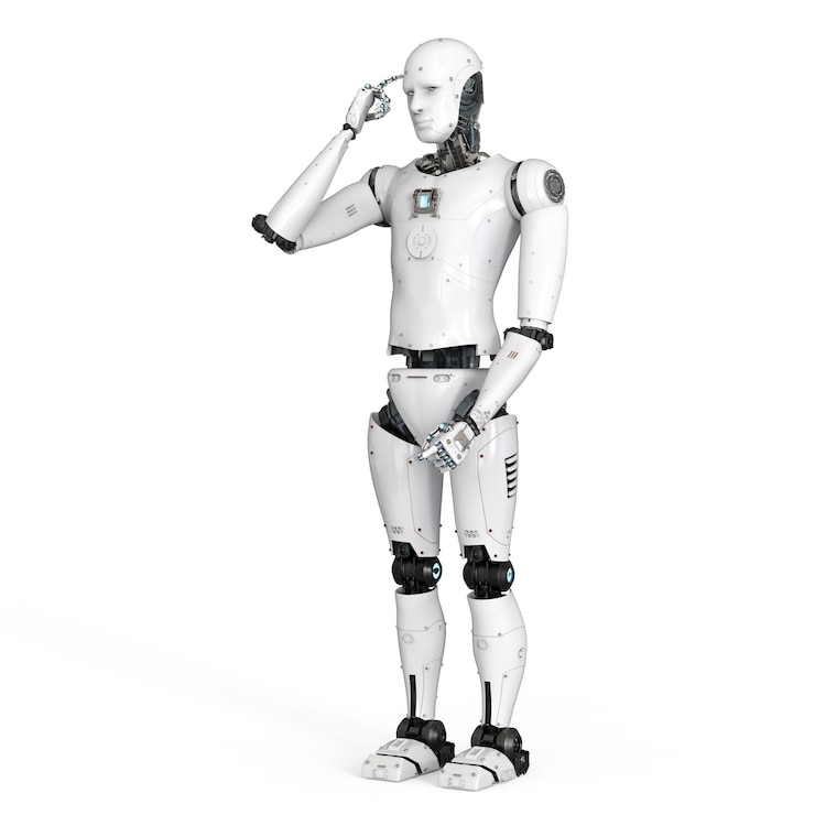 Photo 3d rendering android robot thinking with finger point at head