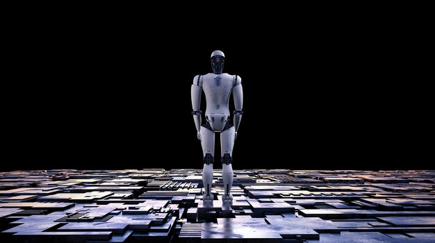 3d rendering android robot with metallic floor on black background