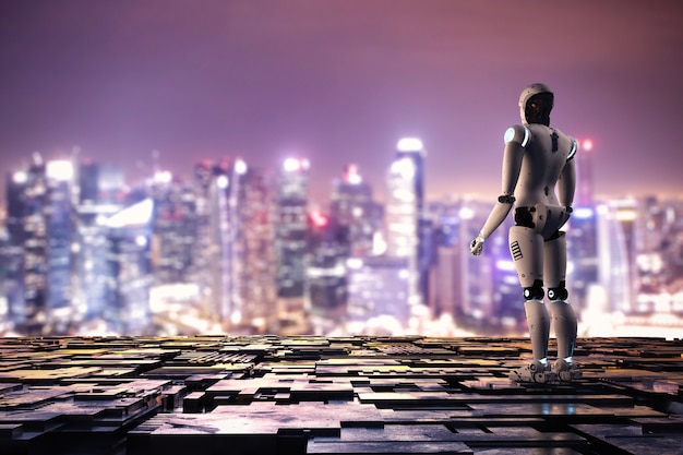 3d rendering android robot with metallic floor on cityscape background