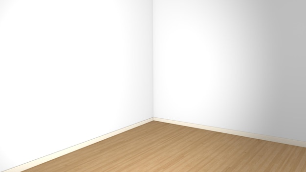 3d rendering of an angle view of an empty room with white walls and wooden parquet