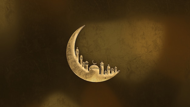 Foto rendering 3d, animazione di ramadan kareem con moschea luna d'oro e sfondo chiaro.