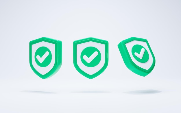 3D Rendering Approval Concept. Right checkmark symbol accepted and rejected shield icon green pack