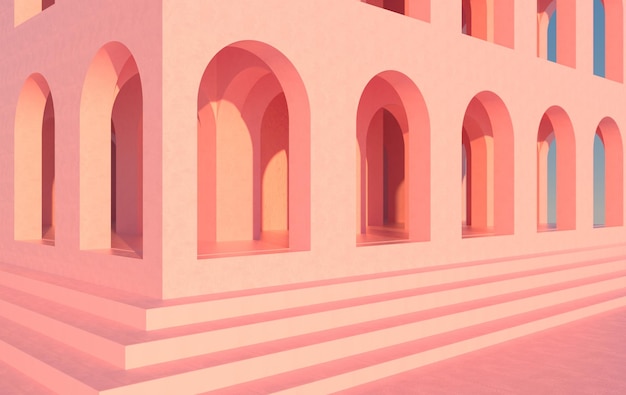 3d rendering Arch hallway pink geometric background architectural corridor arch columns