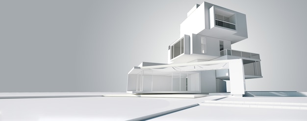 Rendering 3d del modello di architettura di una casa moderna costruita su diversi livelli indipendenti