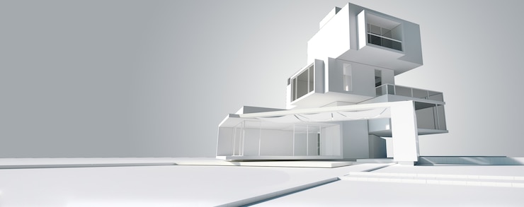 Photo 3d rendering of the architecture model of a modern house built in different independent levels
