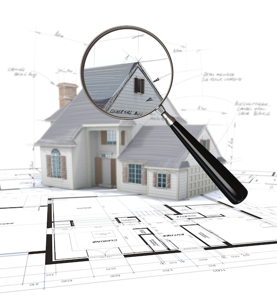 3D rendering of an architecture model scrutinized by a magnifying glass