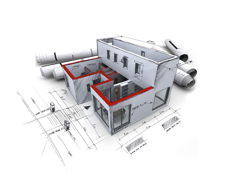 Photo 3d rendering of an architecture model, with rolled up blueprints and handwritten notes and measurements