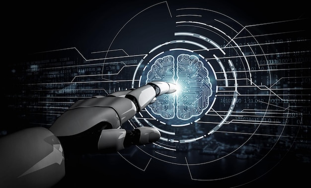 3D rendering artificial intelligence AI research of robot and cyborg development for future of people living Digital data mining and machine learning technology design for computer brain