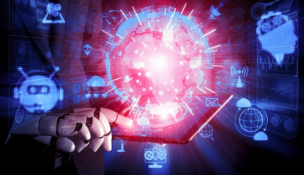 3d rendering artificial intelligence ai research of robot and cyborg development for future of people living digital data mining and machine learning technology design for computer brain