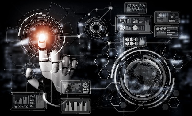 인간의 미래를 위한 로봇과 사이보그 개발의 3D 렌더링 인공 지능 AI 연구 컴퓨터 두뇌를 위한 디지털 데이터 마이닝 및 기계 학습 기술 설계