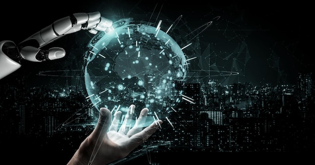 3d rendering artificial intelligence ai research of robot and cyborg development for future of people living digital data mining and machine learning technology design for computer brain