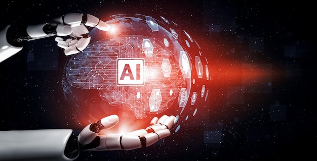 3D 렌더링 인공지능 (AI) 로 및 사이보그 개발 연구, 미래를 위한 인간 생활, 디지털 데이터 마이닝 및 컴퓨터 뇌를 위한 기계 학습 기술 설계