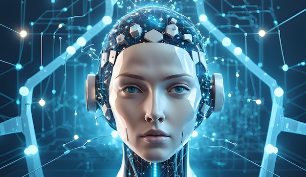 3d rendering of artificial intelligence concept with robot head in blue background