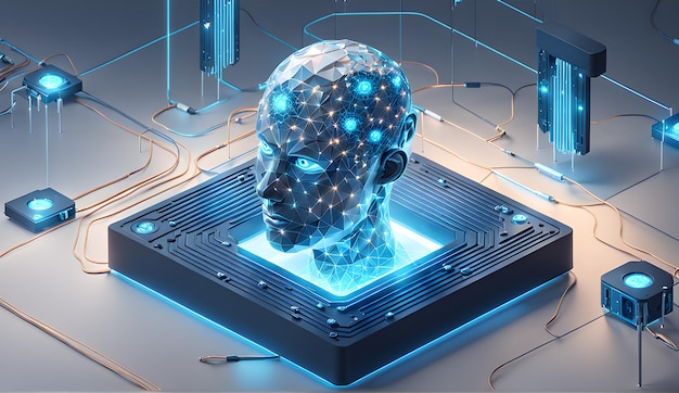 3d rendering of artificial intelligence concept with robot head in blue background