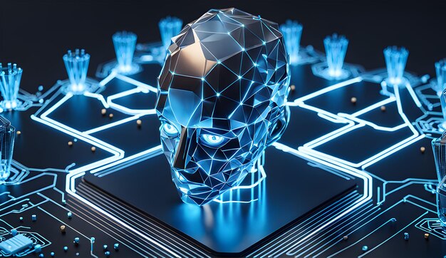 3d rendering of artificial intelligence concept with robot head in blue background