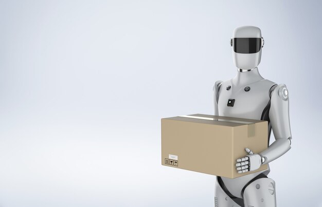 3d rendering artificial intelligence cyborg or delivery robot with cardboard box