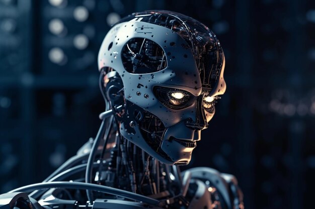 3d rendering artificial intelligence cyborg robot with circuit board on dark background