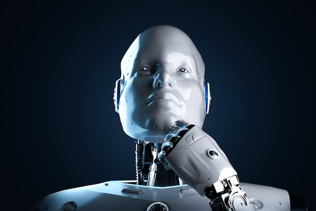 3d rendering artificial intelligence robot or cyborg analyze isolated on black background