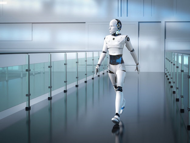 3d rendering artificial intelligence robot or cyborg walking on walkway