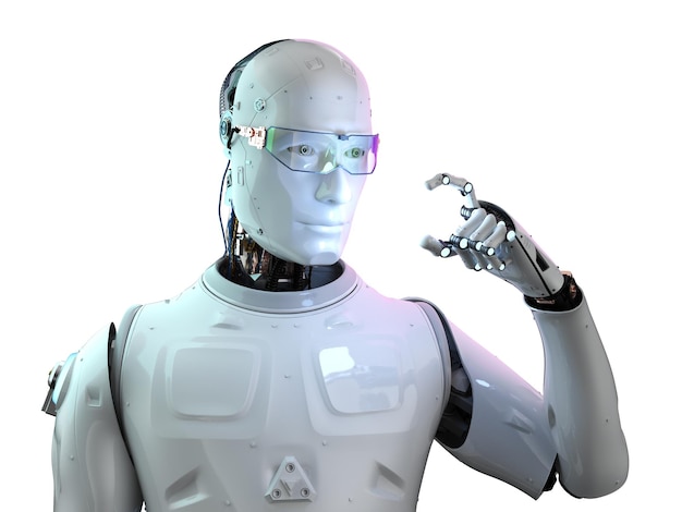 3D-рендеринг робота искусственного интеллекта или киборга с пустой рукой, изолированной на белом