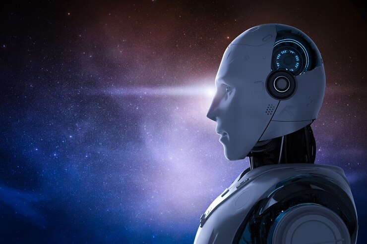 Photo 3d rendering artificial intelligence robot with outer space background