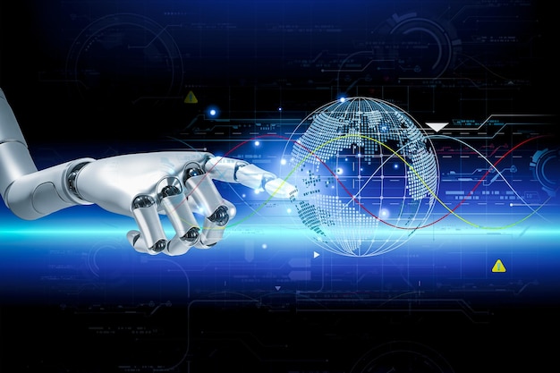 3D レンダリング 人工知能未来のロボットとサイボーグ開発の AI 研究デジタル スマート ワールド メタバース コンセプト
