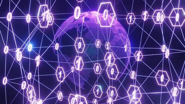 3D 渲染 艺术信息图形 二进制数字 隧道和地球旋转 技术 网络 数据连接 数字数据网络 网络安全概念