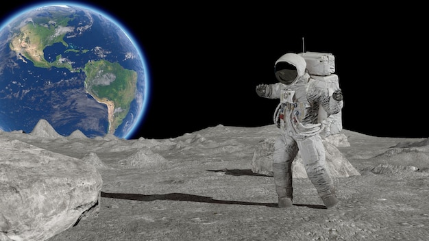 3D 렌더링. 달 위에서 춤추는 우주비행사. CG애니메이션. NASA에서 제공한 이 이미지의 요소입니다.