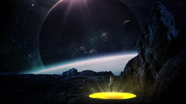 3D-rendering astronaut en exoplaneten in de verre ruimte Abstracte sciencefiction