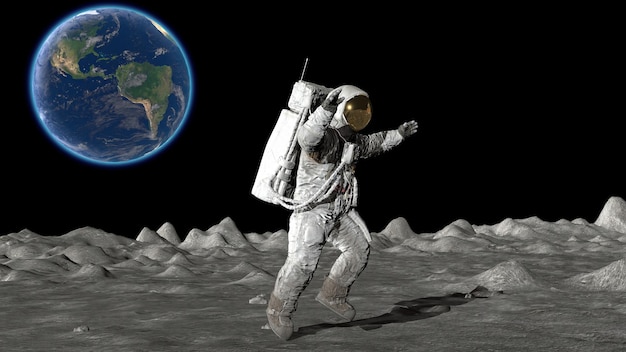 달에 뛰어드는 우주비행사 3D 렌더링 CG 애니메이션 이 이미지의 요소는 NASA에 의해 제공되었습니다.