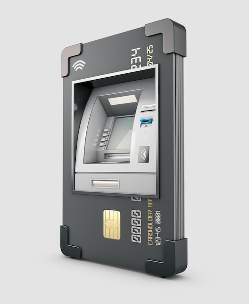 ATMとクレジットカードまたはデビットカードの3Dレンダリング。クリッピングパスが含まれています。