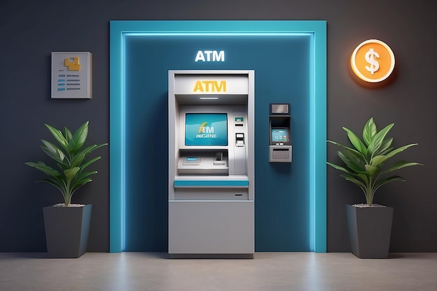 3d rendering of atm machine on background concept of banking business and technology 3d render illustration cartoon style