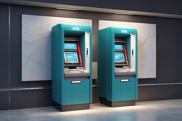 3D 렌더링은 은행 사업과 기술의 배경 개념에 대한 ATM 기계의 3D 랜더링 일러스트레이션 만화 스타일입니다.