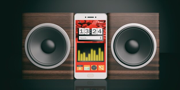 3D-rendering audio luidsprekerboxen en smartphone op zwarte achtergrond