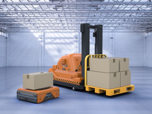 3d rendering automatic forklift with warehouse robot in factory