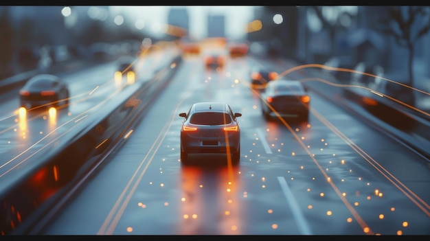 Photo 3d rendering of autonomous cars on a road with visible connections