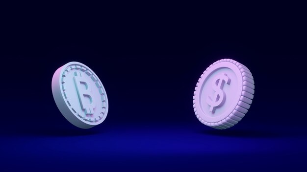 バックグラウンド比較の概念でブロックチェーンと1ドル硬貨を参照する3DレンダリングBコイン