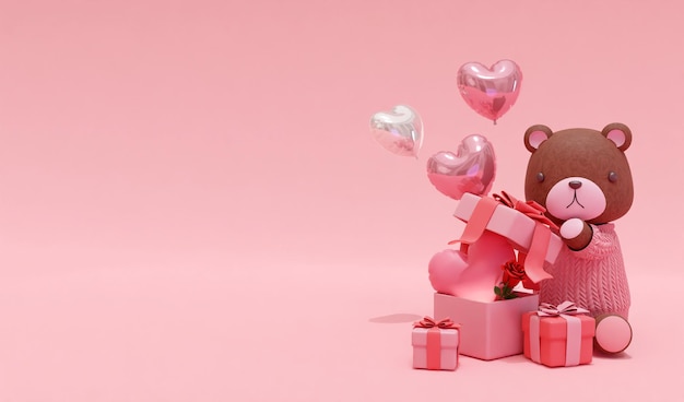 3d rendering background cute bear heart balloons gift box