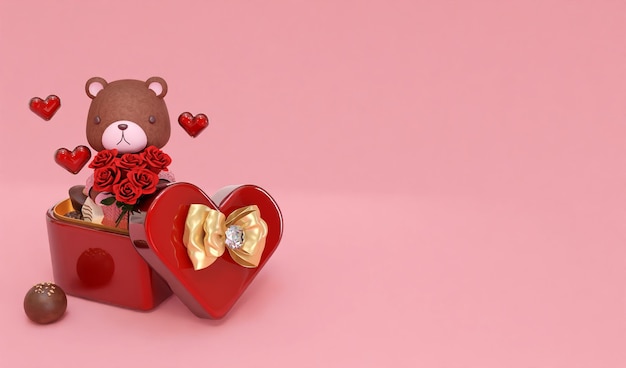 3D rendering background of cute bear and roses in heartshaped gift box
